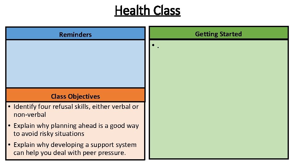 Health Class Getting Started Reminders • . Class Objectives • Identify four refusal skills,