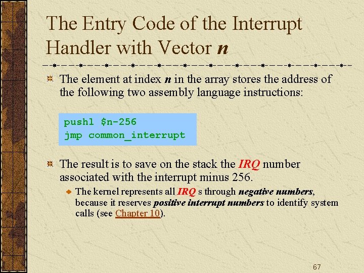 The Entry Code of the Interrupt Handler with Vector n The element at index