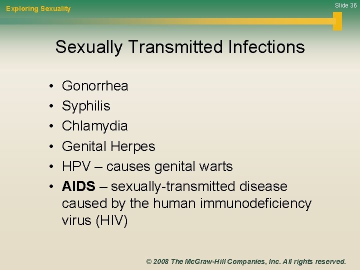 Slide 36 Exploring Sexuality Sexually Transmitted Infections • • • Gonorrhea Syphilis Chlamydia Genital