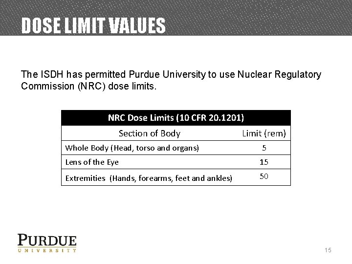 DOSE LIMIT VALUES The ISDH has permitted Purdue University to use Nuclear Regulatory Commission