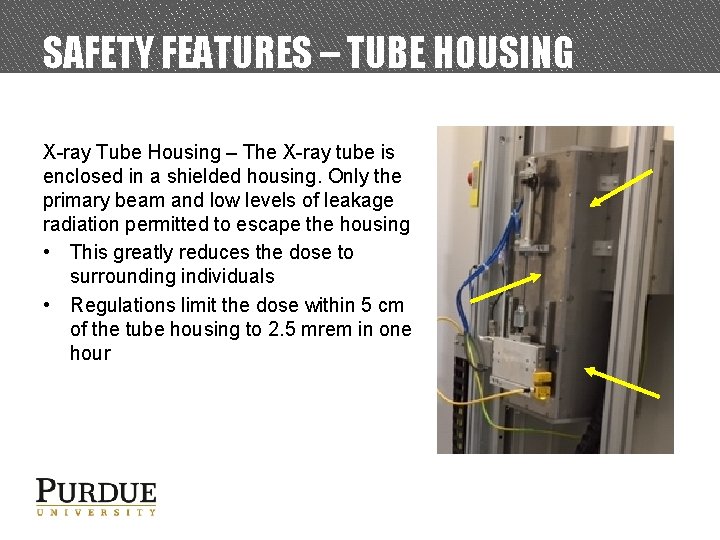 SAFETY FEATURES – TUBE HOUSING X-ray Tube Housing – The X-ray tube is enclosed