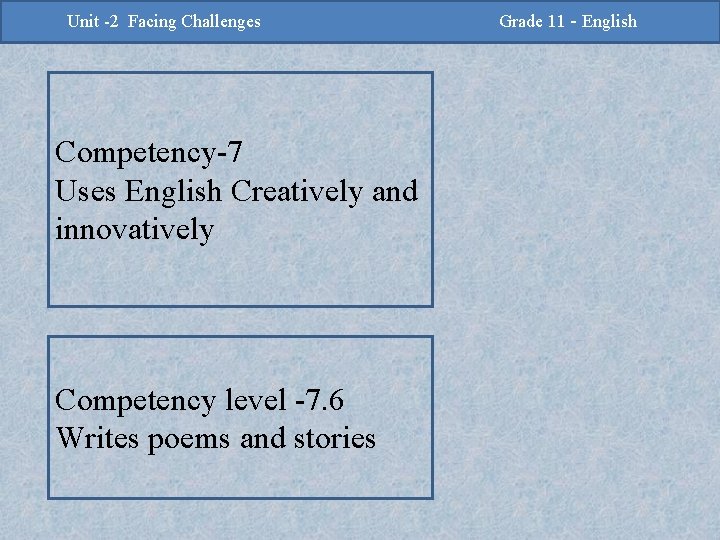 -2 Challenges Facing Challenges Unit -2 Unit Facing Competency-7 Uses English Creatively and innovatively