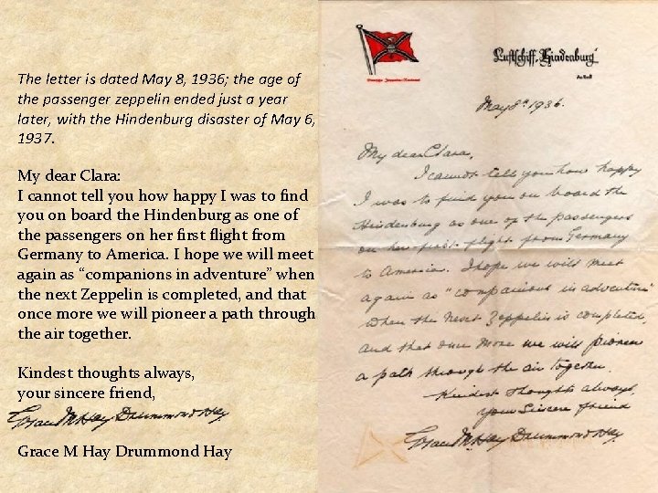 The letter is dated May 8, 1936; the age of the passenger zeppelin ended