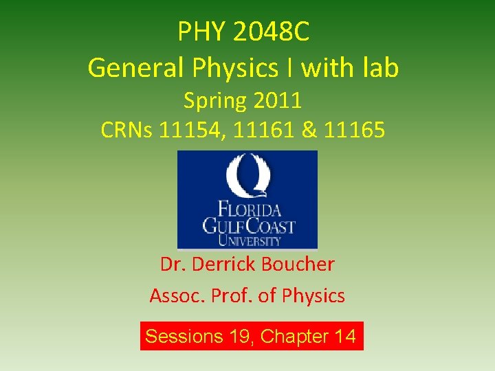 PHY 2048 C General Physics I with lab Spring 2011 CRNs 11154, 11161 &