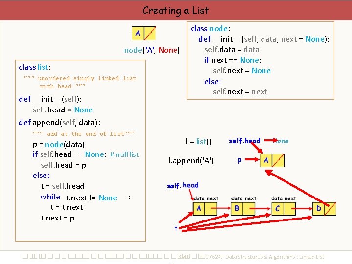 Creating a List node('A', None) class list: """ unordered singly linked list with head