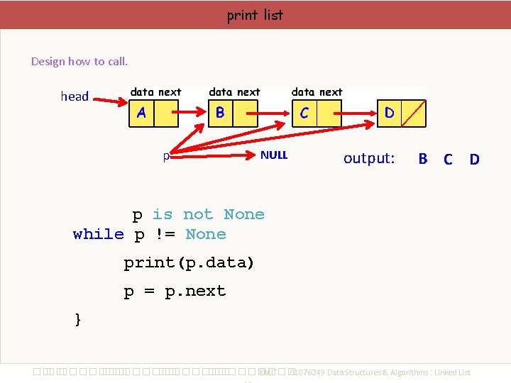 print list Design how to call. head p NULL output: B C D p