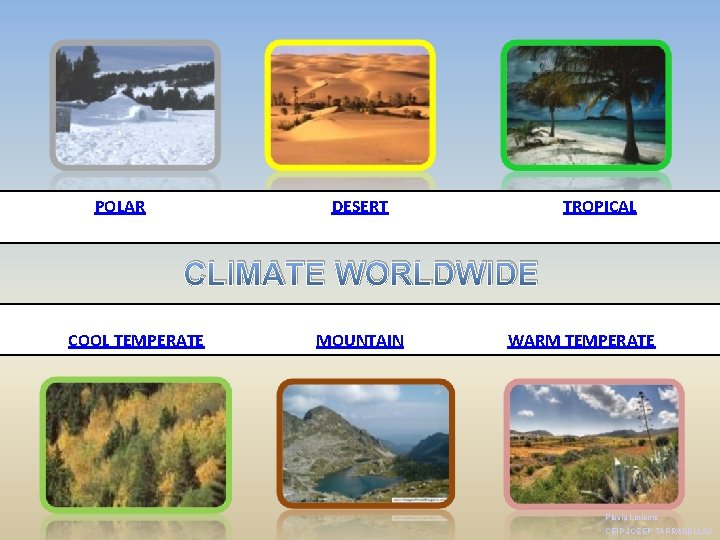 POLAR DESERT TROPICAL CLIMATE WORLDWIDE COOL TEMPERATE MOUNTAIN WARM TEMPERATE Pluvia Loriente CEIP JOSEP