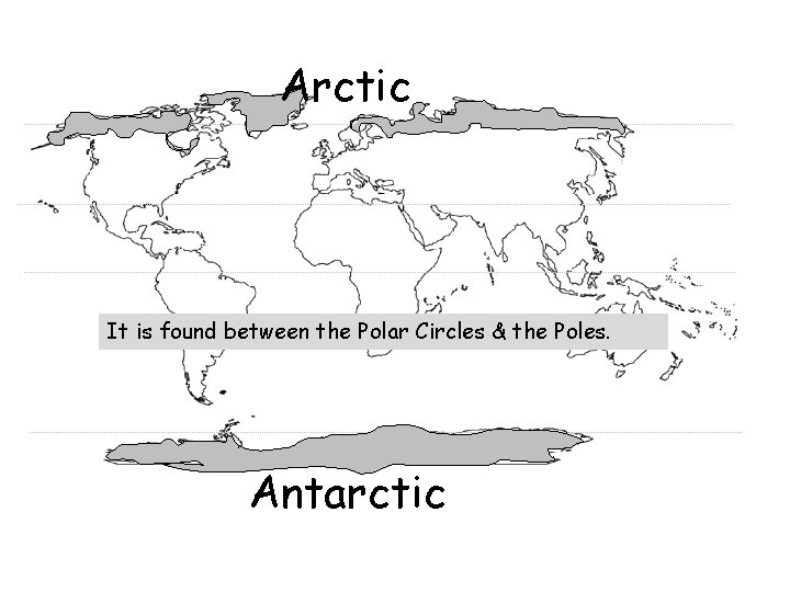 Arctic It is found between the Polar Circles & the Poles. Antarctic 