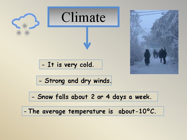 Climate - It is very cold. - Strong and dry winds. - Snow falls