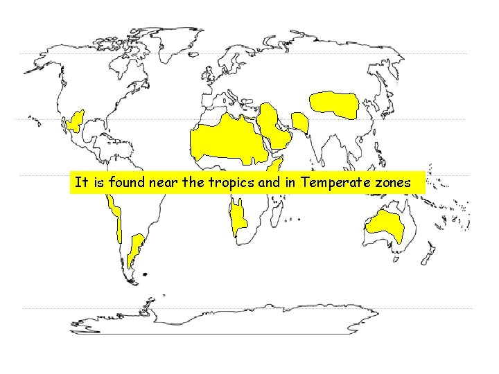 It is found near the tropics and in Temperate zones It is found near the tropics and in Temperate zones