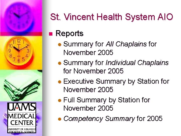 St. Vincent Health System AIO n Reports Summary for All Chaplains for November 2005