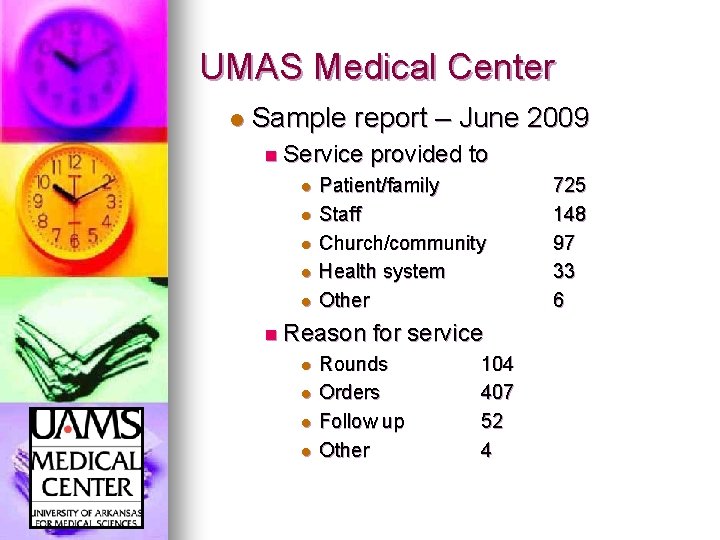 UMAS Medical Center l Sample report – June 2009 n Service l l l