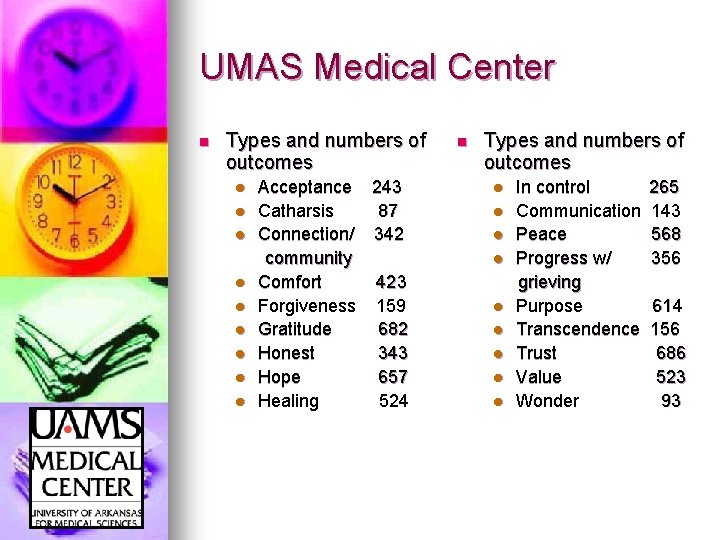 UMAS Medical Center n Types and numbers of outcomes l l l l l