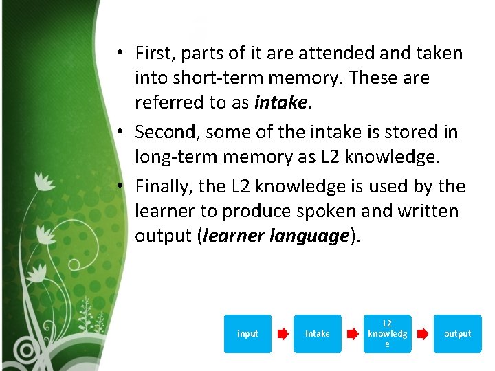  • First, parts of it are attended and taken into short-term memory. These
