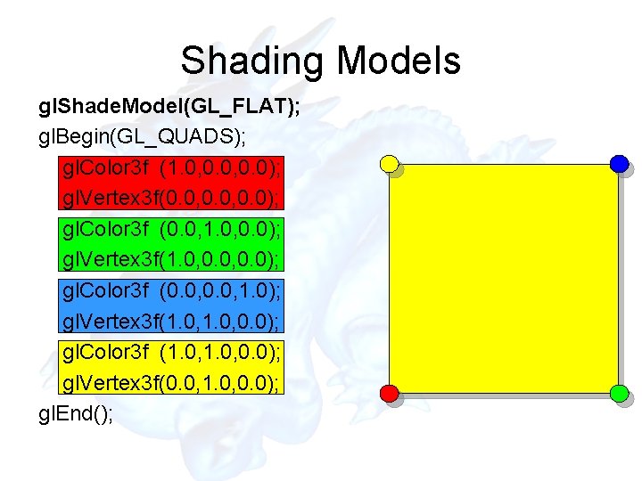 Shading Models gl. Shade. Model(GL_FLAT); gl. Begin(GL_QUADS); gl. Color 3 f (1. 0, 0.