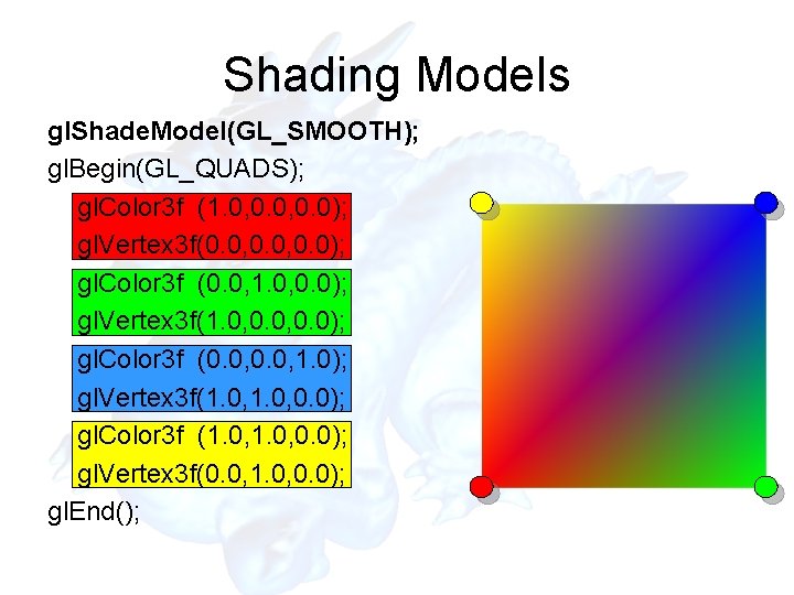 Shading Models gl. Shade. Model(GL_SMOOTH); gl. Begin(GL_QUADS); gl. Color 3 f (1. 0, 0.