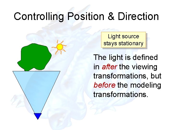 Controlling Position & Direction Light source stays stationary The light is defined in after
