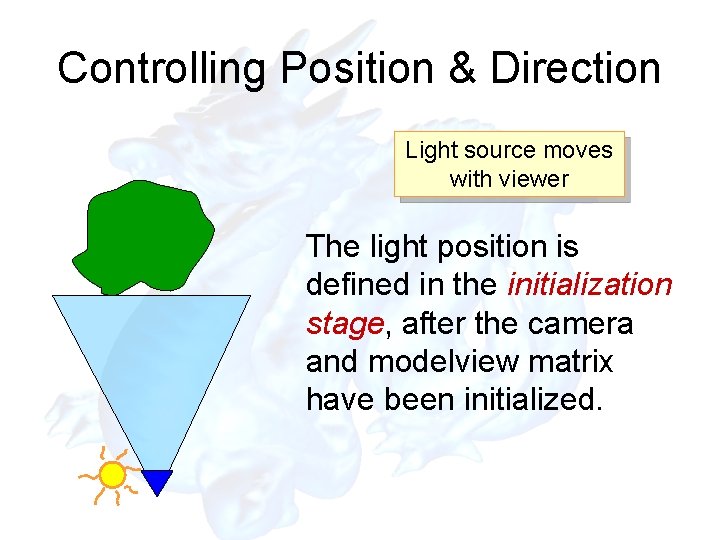 Controlling Position & Direction Light source moves with viewer The light position is defined