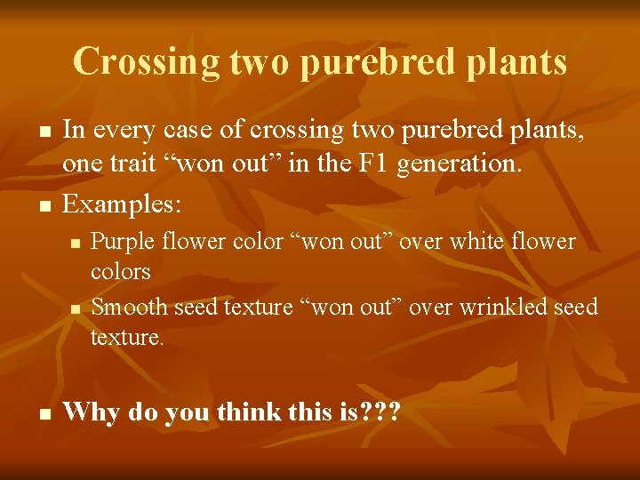 Crossing two purebred plants n n In every case of crossing two purebred plants,