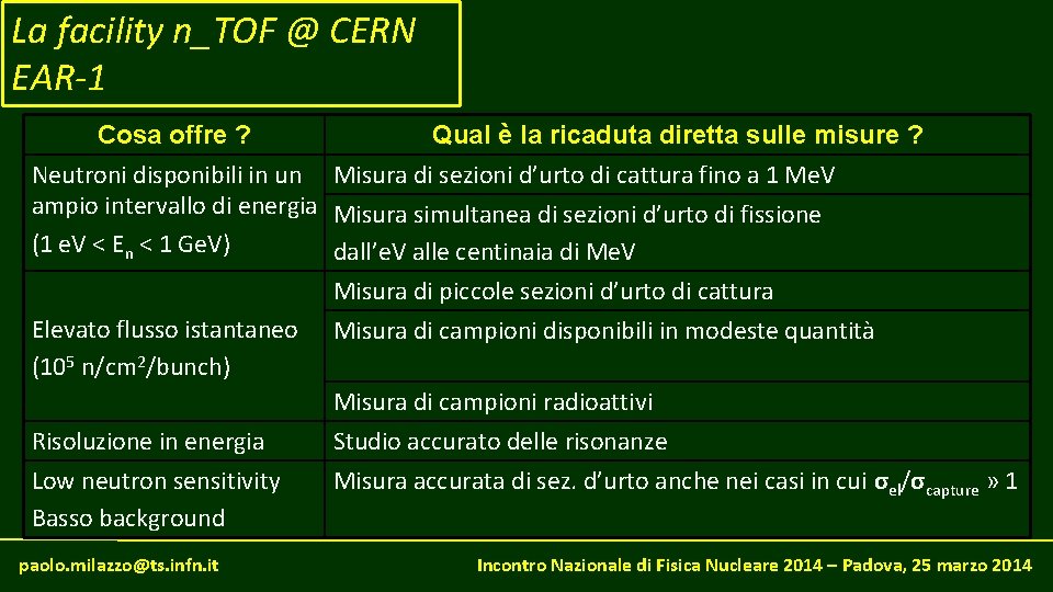 La facility n_TOF @ CERN EAR-1 Cosa offre ? Qual è la ricaduta diretta