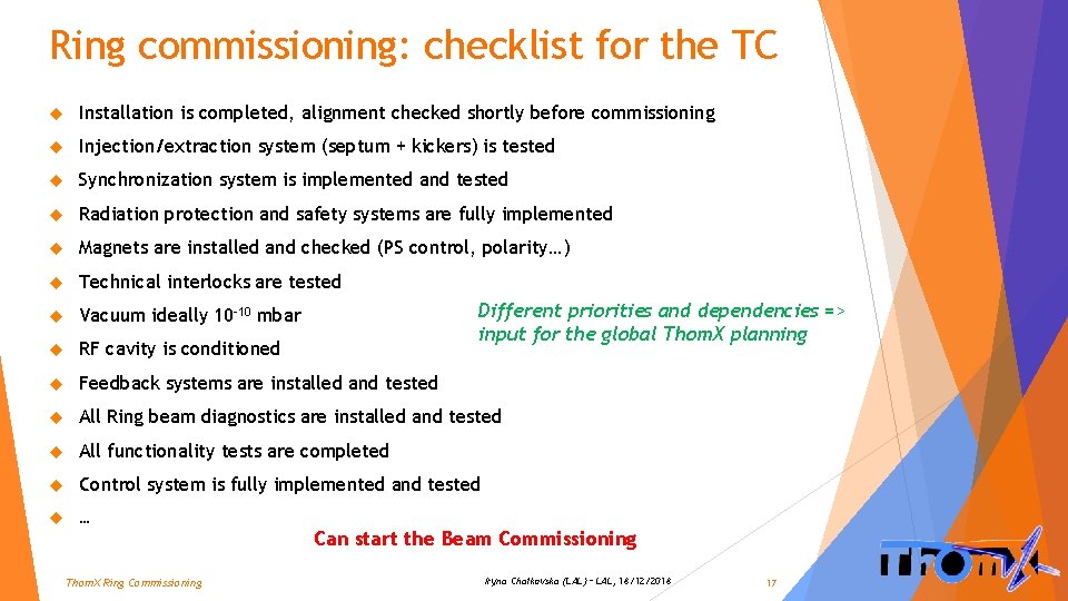 Ring commissioning: checklist for the TC Installation is completed, alignment checked shortly before commissioning