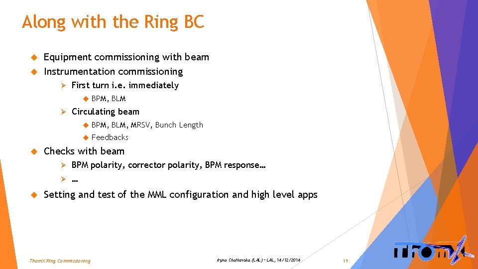 Along with the Ring BC Equipment commissioning with beam Instrumentation commissioning Ø First turn