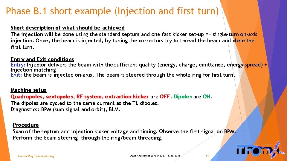 Phase B. 1 short example (Injection and first turn) Short description of what should