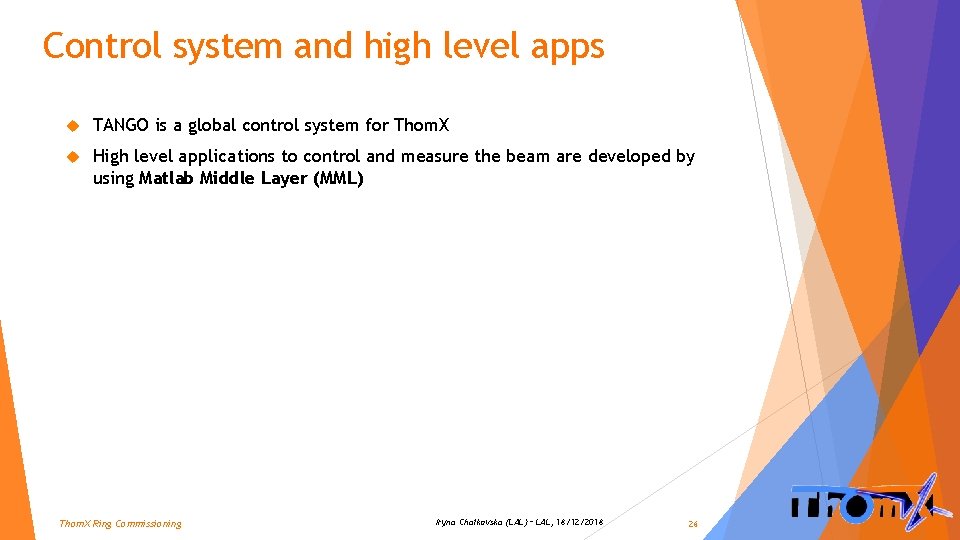 Control system and high level apps TANGO is a global control system for Thom.