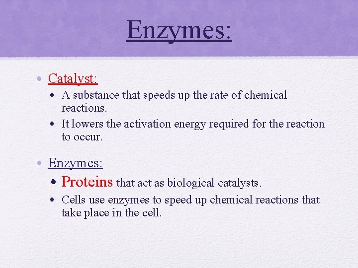 Enzymes: • Catalyst: • A substance that speeds up the rate of chemical reactions.