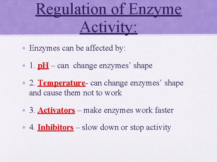 Regulation of Enzyme Activity: • Enzymes can be affected by: • 1. p. H