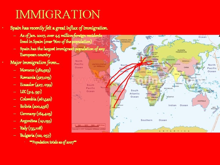 IMMIGRATION • Spain has recently felt a great influx of immigration. – As of