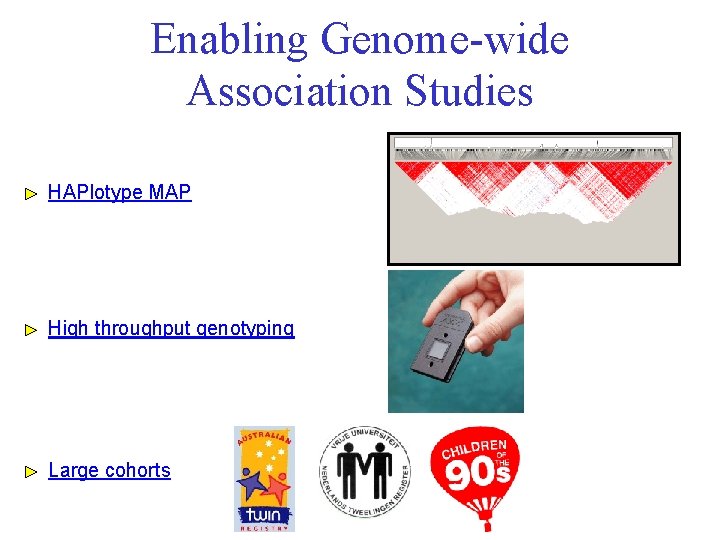 Enabling Genome-wide Association Studies HAPlotype MAP High throughput genotyping Large cohorts 