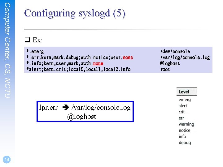 Computer Center, CS, NCTU Configuring syslogd (5) q Ex: *. emerg *. err; kern,