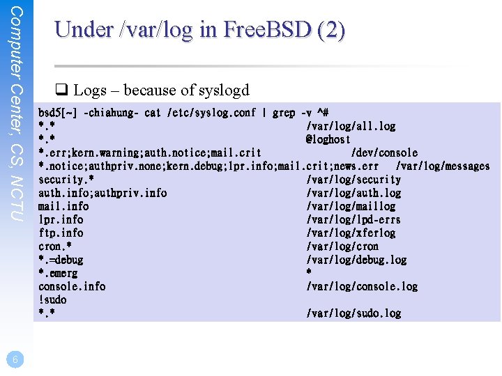 Computer Center, CS, NCTU 6 Under /var/log in Free. BSD (2) q Logs –