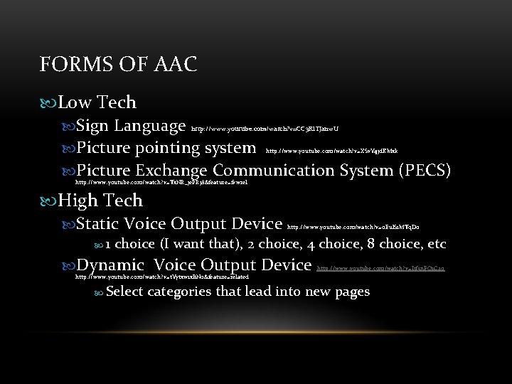 FORMS OF AAC Low Tech Sign Language Picture pointing system Picture Exchange Communication System