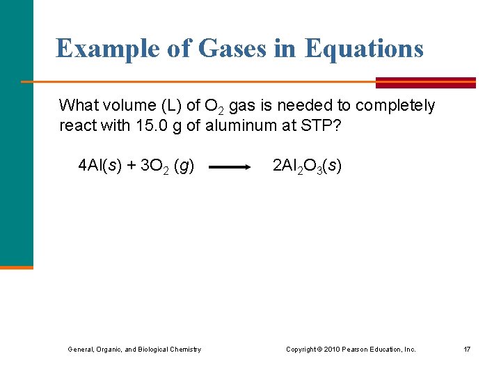 Example of Gases in Equations What volume (L) of O 2 gas is needed