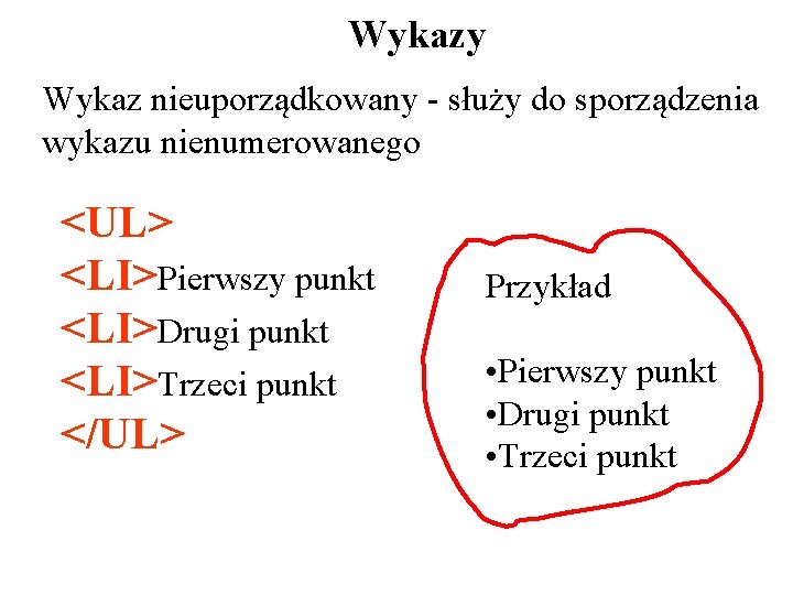 Wykazy Wykaz nieuporządkowany - służy do sporządzenia wykazu nienumerowanego <UL> <LI>Pierwszy punkt <LI>Drugi punkt