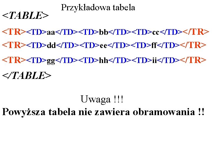 <TABLE> Przykładowa tabela <TR><TD>aa</TD><TD>bb</TD><TD>cc</TD></TR> <TR><TD>dd</TD><TD>ee</TD><TD>ff</TD></TR> <TR><TD>gg</TD><TD>hh</TD><TD>ii</TD></TR> </TABLE> Uwaga !!! Powyższa tabela nie zawiera obramowania