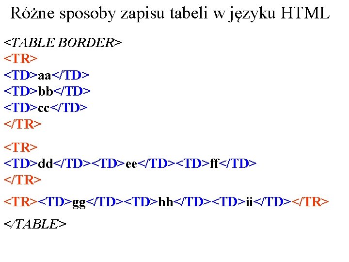Różne sposoby zapisu tabeli w języku HTML <TABLE BORDER> <TD>aa</TD> <TD>bb</TD> <TD>cc</TD> </TR> <TD>dd</TD><TD>ee</TD><TD>ff</TD>