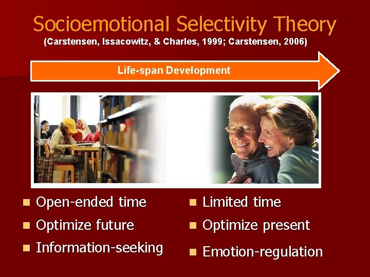 Socioemotional Selectivity Theory (Carstensen, Issacowitz, & Charles, 1999; Carstensen, 2006) Life-span Development n Open-ended