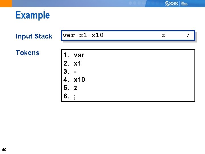 Example 40 Input Stack var x 1 -x 10 Tokens 1. 2. 3. 4.