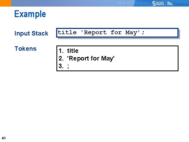 Example 41 Input Stack title 'Report for May'; Tokens 1. title 2. 'Report for
