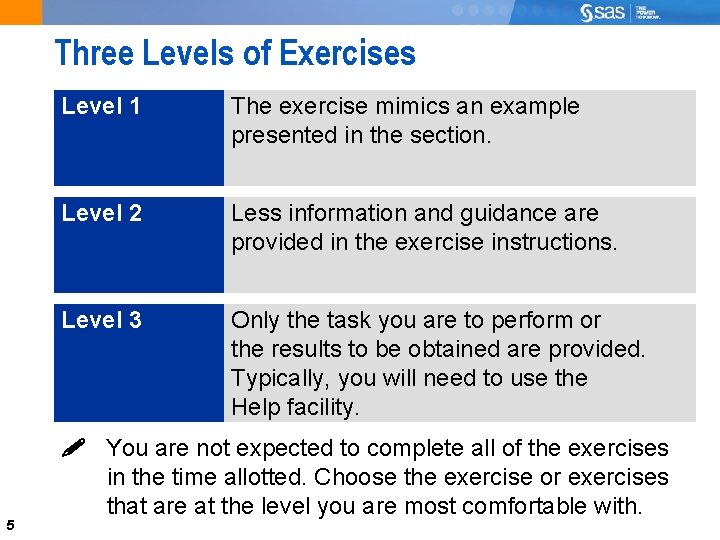 Three Levels of Exercises 5 Level 1 The exercise mimics an example presented in