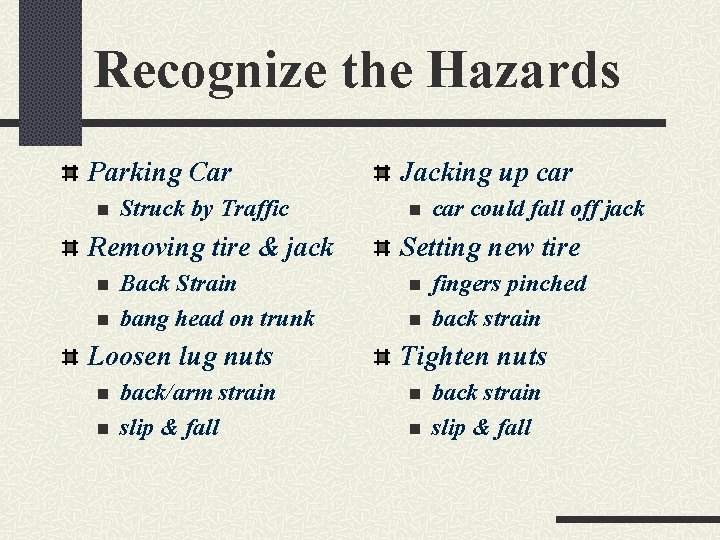Recognize the Hazards Parking Car n Struck by Traffic Removing tire & jack n