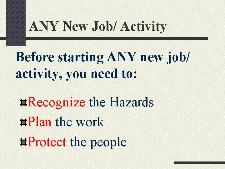 ANY New Job/ Activity Before starting ANY new job/ activity, you need to: Recognize