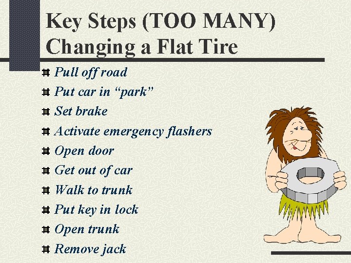 Key Steps (TOO MANY) Changing a Flat Tire Pull off road Put car in