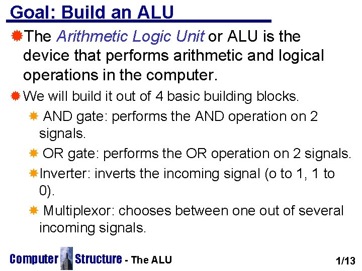 Goal: Build an ALU ®The Arithmetic Logic Unit or ALU is the device that