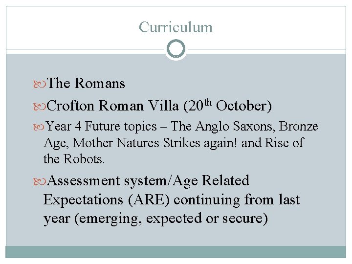 Curriculum The Romans Crofton Roman Villa (20 th October) Year 4 Future topics –