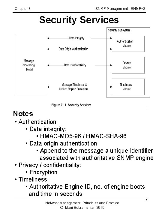 Chapter 7 SNMP Management: SNMPv 3 Security Services Notes • Authentication • Data integrity: Chapter 7 SNMP Management: SNMPv 3 Security Services Notes • Authentication • Data integrity: