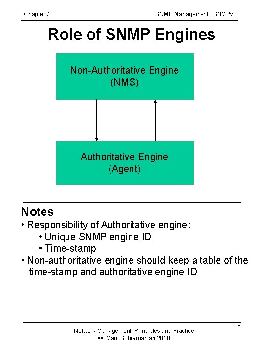 Chapter 7 SNMP Management: SNMPv 3 Role of SNMP Engines Non-Authoritative Engine (NMS) Authoritative Chapter 7 SNMP Management: SNMPv 3 Role of SNMP Engines Non-Authoritative Engine (NMS) Authoritative